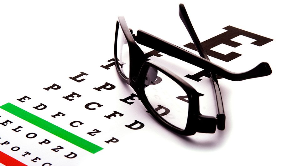 Gafas apoyadas sobre un optotipo